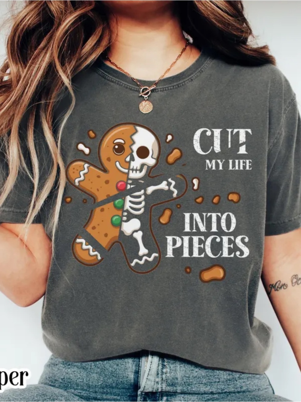 Comfort Colors Dark Gray Graphic Tee - Gingerbread Skeleton Design